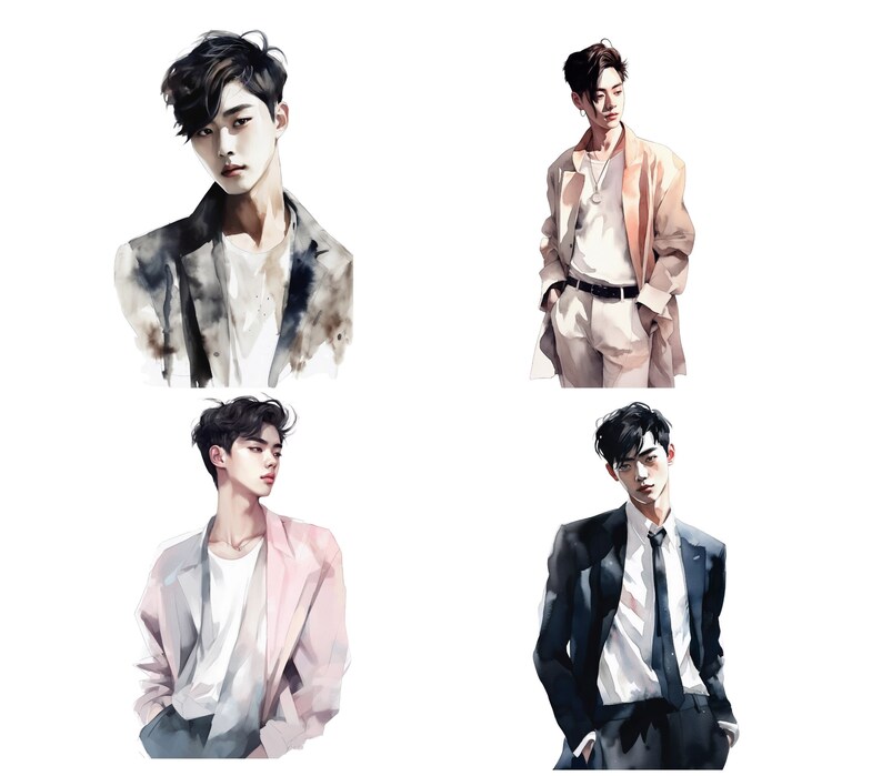 May include: Four watercolor illustrations of a person wearing different outfits. The person has black hair and is wearing a white shirt in each illustration. The first illustration shows the person wearing a gray jacket. The second illustration shows the person wearing a beige jacket. The third illustration shows the person wearing a pink jacket. The fourth illustration shows the person wearing a dark blue suit jacket and a black tie.