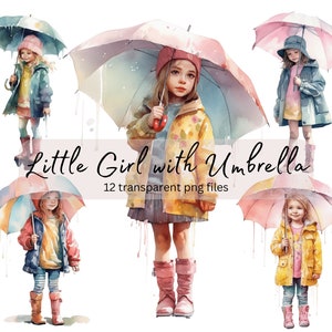 Little Girl with Umbrella Watercolor Clipart Bundle, PNG trasparente, Download digitale, Creazione di carte, Illustrazione del giorno della pioggia, Uso commerciale
