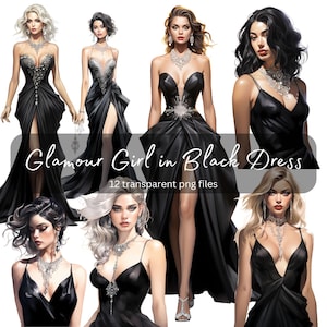 Glam Girl in Black Dress Paquete de imágenes prediseñadas de acuarela, PNG transparente, Descarga digital, Mujer que hace tarjetas, Ilustración de moda Uso comercial