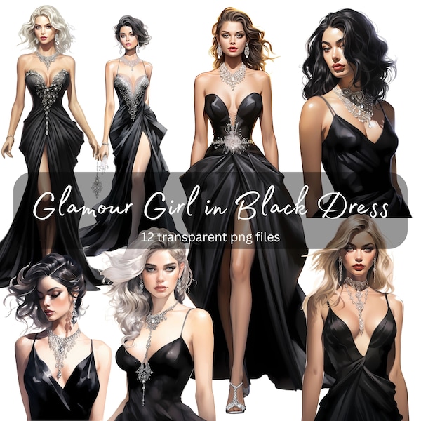 Glam Girl in Black Dress Paquete de imágenes prediseñadas de acuarela, PNG transparente, Descarga digital, Mujer que hace tarjetas, Ilustración de moda Uso comercial