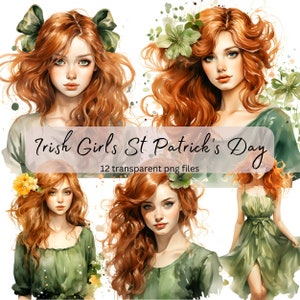 Bundle de cliparts aquarelle filles le jour de la Saint-Patrick, PNG Transparent, téléchargement numérique, jolies filles irlandaises carterie Scrapbooking Junk Journal