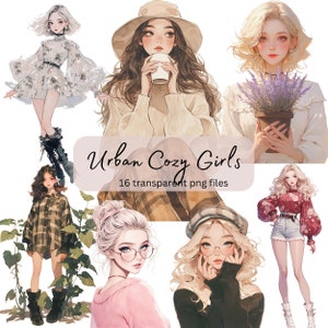 Pacote de clipart em aquarela de garota urbana, PNG transparente, download digital, mulher que faz cartões, ilustração de moda, lixo eletrônico, álbum de recortes