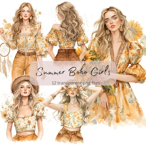 Summer Boho Girls Watercolor Clipart, Transparent PNG, Digital Download, Card Making, Paper Craft, Anime Girl Illustration, Commercial Use