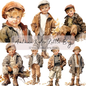 Herfst retro kleine jongen aquarel clipart bundel, transparante PNG, digitale download, portretkaart maken, leuke illustratie, commercieel gebruik