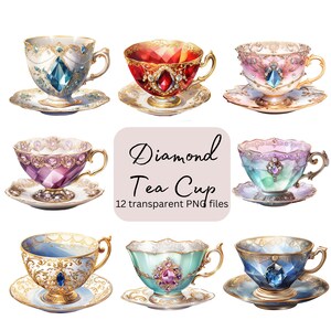 Diamond Tea Cup Watercolor Clipart Bundle, Transparent PNG, Digital Download, Home Decoration Card Making, Junk Journaling, Commercial Use