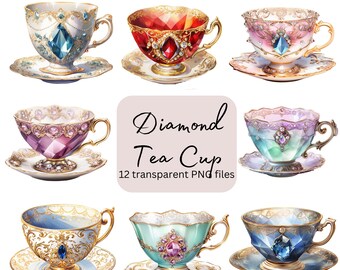 Diamant Teetasse Aquarell Clipart Bundle, transparentes PNG, digitaler Download, Dekoration Kartenherstellung, Junk Journaling, kommerzielle Nutzung