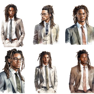May include: Watercolor illustrations of a person with dreadlocks wearing suits and ties. The suits are various shades of gray and brown. Some illustrations include glasses. The style is artistic and the background is white.