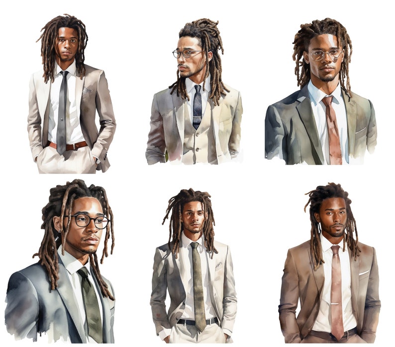 May include: Watercolor illustrations of a person with dreadlocks wearing suits and ties. The suits are various shades of gray and brown. Some illustrations include glasses. The style is artistic and the background is white.