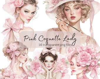 Pink Bow Coquette Lady Watercolor Clipart Bundle, Transparent PNG, Digital Download, Junk Journal Scrapbooking, Card Making, Papercraft