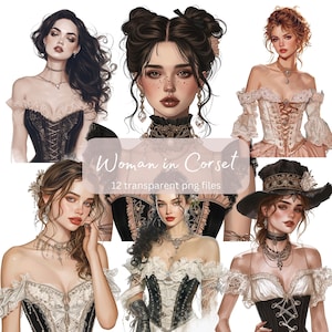 Pacchetto di clipart acquerello donna in corsetto, PNG trasparente, download digitale, donna che crea biglietti, illustrazione di moda vintage, uso commerciale