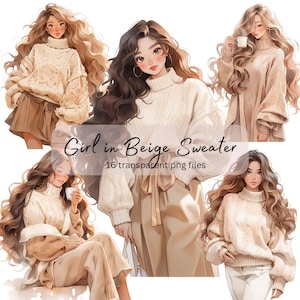 Fille en pull beige aquarelle Clipart Bundle, PNG Transparent, téléchargement numérique, jolie fille mode carterie, Junk Journal, Scrapbooking
