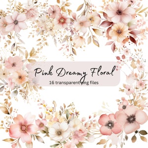 Pink Dreamy Floral Watercolor Clipart Bundle, Transparent PNG, Digital Download Card Making, Wedding Flowers Frame Border, Commercial Use
