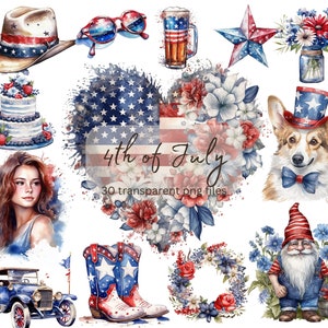 4th of July Watercolor Clipart Bundle, Transparent PNG, Digital Download, Card Making, Independence Day Clipart, Patriotic, Commercial Use
