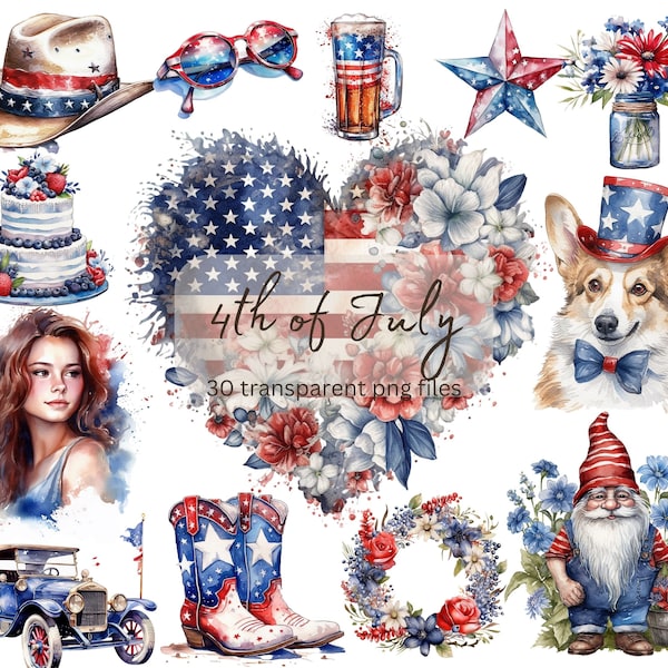 4th of July Watercolor Clipart Bundle, Transparent PNG, Digital Download, Card Making, Independence Day Clipart, Patriotic, Commercial Use