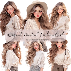 Paquete de imágenes prediseñadas de acuarela de chica de moda casual, PNG transparente, descarga digital, creación de tarjetas de moda de chica guapa, fantasía de ensueño, artesanía en papel