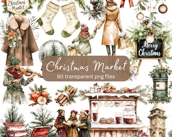 Rustic Christmas Market, Winter Cozy Holiday Watercolor Clipart Bundle, Transparent PNG, Digital Download, Card Making Scrapbooking Journal
