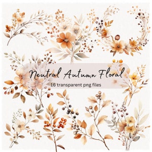 Neutrale herfst bloemen aquarel clipart bundel, transparante PNG, digitale download kaart maken, bruiloft bloemen framerand, commercieel gebruik
