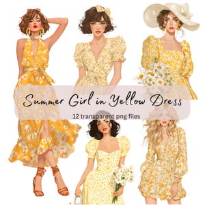 Clipart di ragazza estiva in acquerello giallo, PNG trasparente, download digitale, creazione di biglietti, artigianato con carta, illustrazione di ragazza alla moda anime