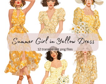 Summer Girl in Yellow Watercolor Clipart, Transparent PNG, Digital Download, Card Making, Paper Craft, Anime Fashion Girl Illustration