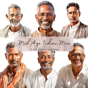 Mid Aged Indian Man Watercolor Clipart, Transparent PNG, Digital Download, Card Making, Elderly People clipart Illustration, Commercial Use