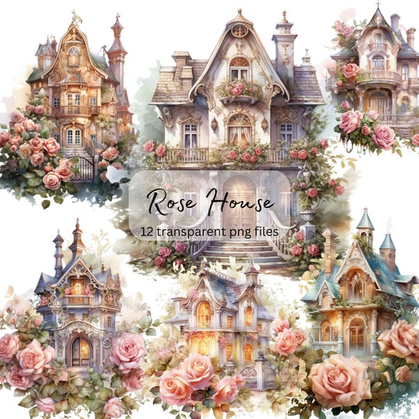 Rose House Watercolor Clipart Bundle, Transparent PNG, fantacy clipart, Cute House, Instant Download, Scrapbook, Junk Journal,Commercial Use