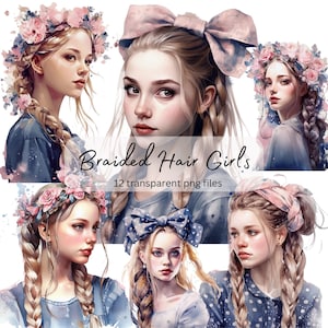 Geflochtenes Haar Mädchen Aquarell Clipart Bundle, transparent PNG, digitaler Download, hübsche Mädchen Karte machen Scrapbook Junk Journal kommerzielle Nutzung