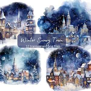 Winter Snowy Town Night Watercolor Clipart, Transparent PNG, landscape clipart,  Instant Download, Scrapbook, Junk Journal, Commercial Use