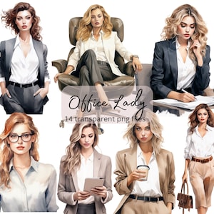 Office Lady Watercolor Clipart Bundle, PNG trasparente, Download digitale, Card Making Woman, Lady boss clipart Illustration, Uso commerciale
