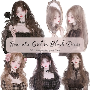 黒いドレスを着たロマンチックな女の子のクリップアート バンドル、透明な PNG、ポートレート ガール、ファッション クリップアート、ペーパー クラフト、カード ジャンク ジャーナル スクラップブッキング