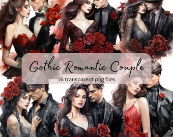 Gothic Couple Watercolor Clipart Bundle, transparent PNG, Vintage Victorian Valentine Paper craft, Junk Journal Scrapbooking, Commercial Use