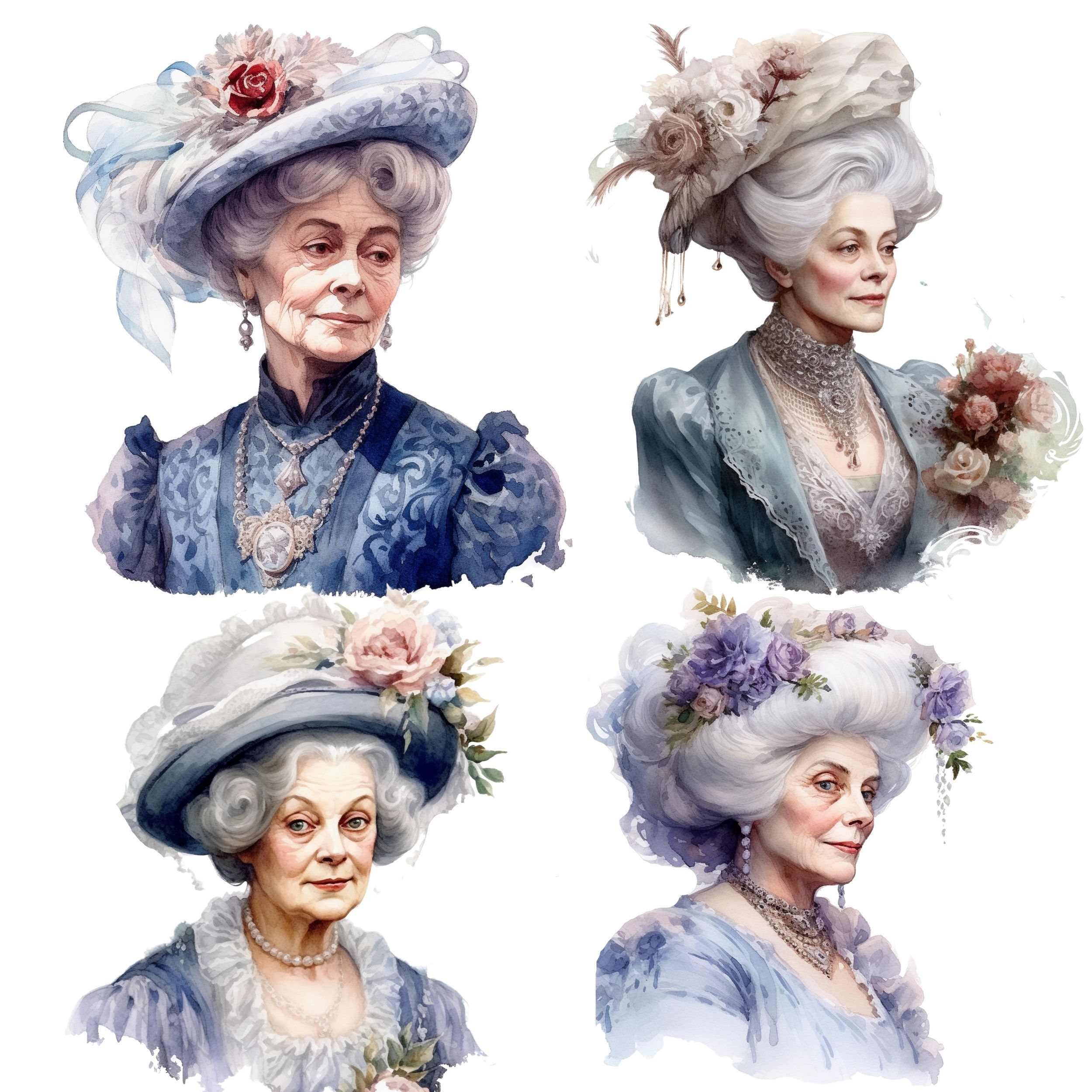 Victorian Elderly Lady Vintage Watercolor Clipart Bundle, Transparent ...