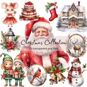 Rode kerst clipart aquarel bundel, transparante PNG, wintervakantie clipart, digitale download, kaart maken scrapbooking, commercieel gebruik
