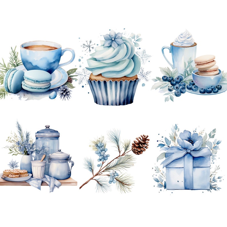 Pode incluir: Ilustra&ccedil;&atilde;o de aquarela de itens com tema de inverno, incluindo um cupcake azul com cobertura branca, uma caneca azul com borda branca, uma x&iacute;cara de ch&aacute; azul com um pires branco, uma caixa de presente azul com uma fita branca, um frasco azul com uma tampa branca, uma caneca azul com uma borda branca e um redemoinho branco de creme de leite, e um macaron azul e branco.