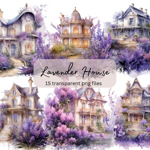Lavender House Watercolor Clipart Bundle,Transparent PNG,fantasy clipart, Cute House,Instant Download, Scrapbook,Junk Journal,Commercial Use