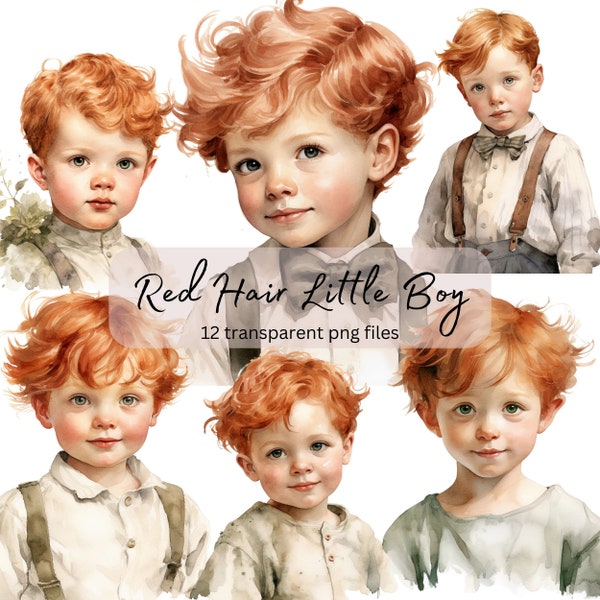 Red Hair Little Boys Watercolor Clipart , Transparent PNG, Digital Download, Card Making, Cute Boy clipart Illustration, Commercial Use