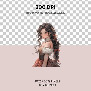 May include: A digital illustration of a young woman with long brown hair styled in a braid. She is wearing a white and red dress with floral details. The background is a soft pink.