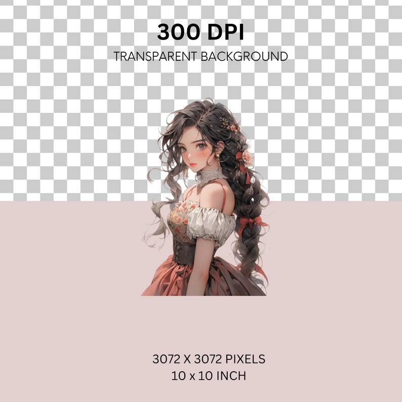 May include: A digital illustration of a young woman with long brown hair styled in a braid. She is wearing a white and red dress with floral details. The background is a soft pink.