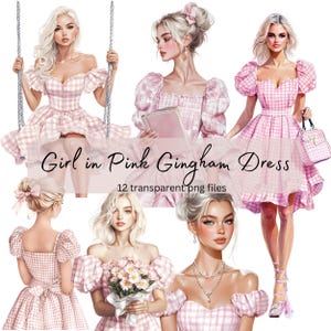 Garota com vestido xadrez rosa, conjunto de clipart em aquarela, PNG transparente, download digital, mulher fazendo cartões, ilustração de moda, álbum de recortes