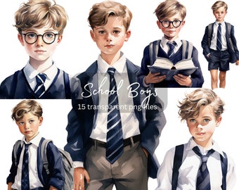 Uniform School Boys Watercolor Clipart Bundle, transparent PNG, Cute Boys Clipart, Student Sublimation,Paper craft,Junk Journal Scrapbooking