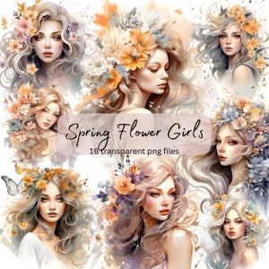 Spring Flower Girls Watercolor Clipart Bundle,Transparent PNG. Portrait Pretty Girl, Fashion Clipart ,Paper craft, Junk Journal Scrapbooking