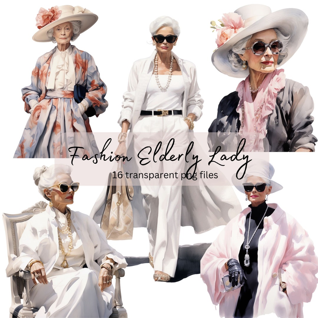Elderly Lady Fashion Watercolor Clipart Bundle, Transparent PNG ...