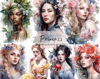 Princess Watercolor Clipart Bundle, transparent PNG, Pretty Girls Clipart, Fantasy illustration, Paper craft, Junk Journal Scrapbooking