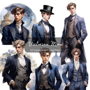 Victoriaanse Gentleman Vintage Aquarel Clipart Bundel, Transparante PNG, Digitale Download, Card Making Scrapbook Junk Journal Commercieel Gebruik
