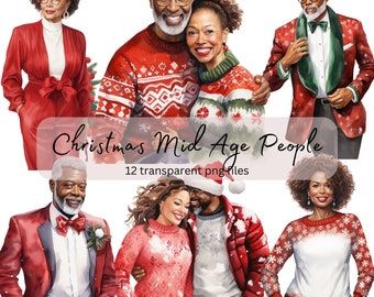 Noël Mid Age People Aquarelle Clipart Bundle, PNG transparent, Clipart de vacances, Sublimation, Artisanat en papier, Junk Journal Scrapbooking
