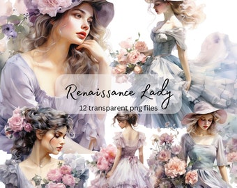 Renaissance Lady Vintage Watercolor Clipart Bundle, Transparent PNG, Digital Download, Card Making Scrapbook Junk Journal Commercial Use