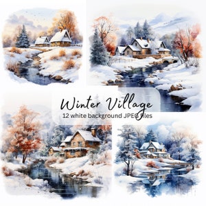 Pacote de clipart de Winter Village, arte de parede de paisagem nevada, JPEGs de alta resolução, ilustração da natureza, download digital, criação de cartões, uso comercial
