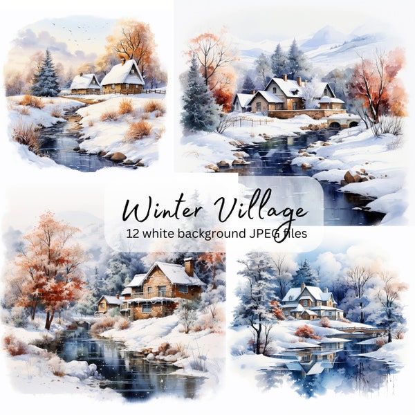 Winter Village Clipart Bundle, Snowy Landscape Wall Art, High Res JPEGs, Nature Illustration, Digital Download, Card Making, Commercial Use