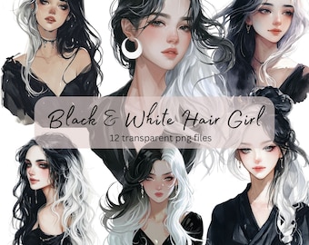 Black White Hair Girls Watercolor Clipart Bundle, Transparent PNG, Digital Download, Card Making Woman, Fashion Illustration, Commercial Use