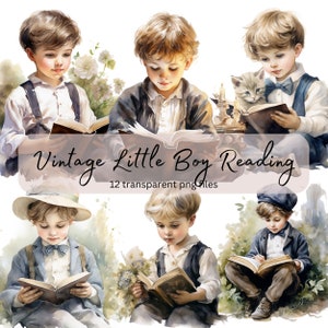 Vintage Little Boy Reading Book Watercolor Clipart Bundle, transparent PNG, Bookworm, Sublimation, Paper craft, Junk Journal Scrapbooking