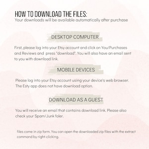 Pode incluir: Um gr&aacute;fico de texto branco sobre um fundo rosa com instru&ccedil;&otilde;es sobre como baixar arquivos digitais ap&oacute;s uma compra no Etsy. O gr&aacute;fico inclui instru&ccedil;&otilde;es para computadores desktop, dispositivos m&oacute;veis e o download como convidado.